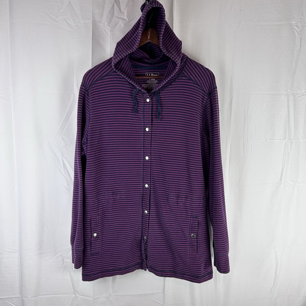 LL Bean Womens Size Large Hooded Jacket Purple Navy Striped Full Snap Front